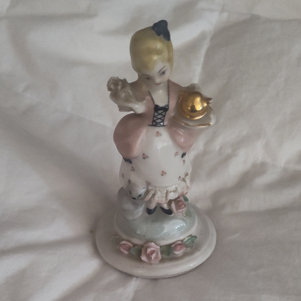 Antique Porcelain Figurine Girl with Gold Bowl - Pink & White